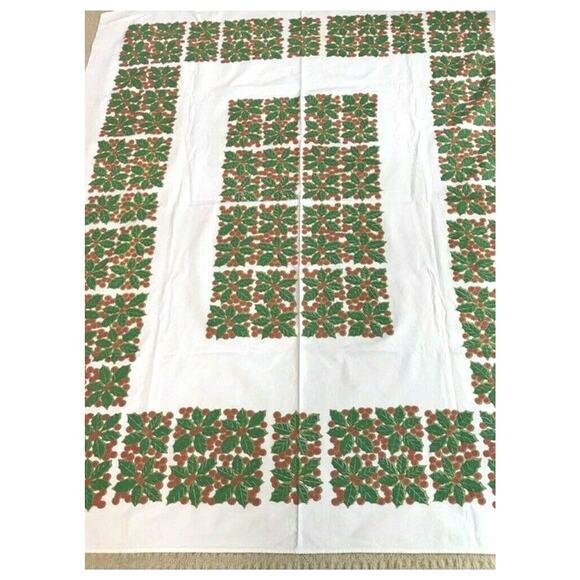 Vintage Mid Century Christmas Tablecloth Mod Printed Cotton Geometric Retro Look - Picture 3 of 6
